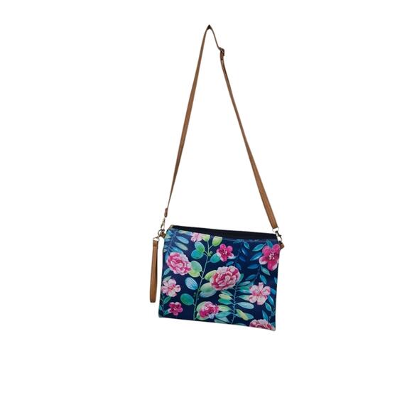 L.I.B. New York Crossbody Blue Floral Wrislet Zip Clouser Purse Tassel Bohemian - Picture 2 of 8